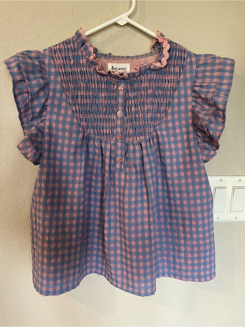 &Merci Pink and Blue Gingham Women’s Ruffle Yoke Top